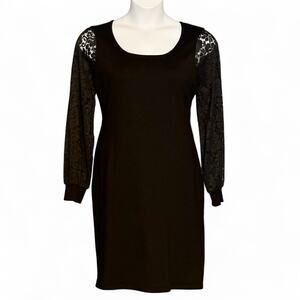 Nina Leonard Black Lace Sleeve Cocktail Dress XL Stretch Knit NWT Evening Glam